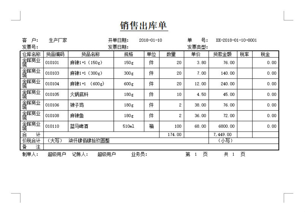 食品進銷存打印格式